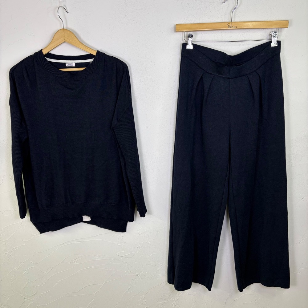 Mersea Knit Sweater Pants Set Women L/XL M Navy Blue Travel Minimalist Coastal